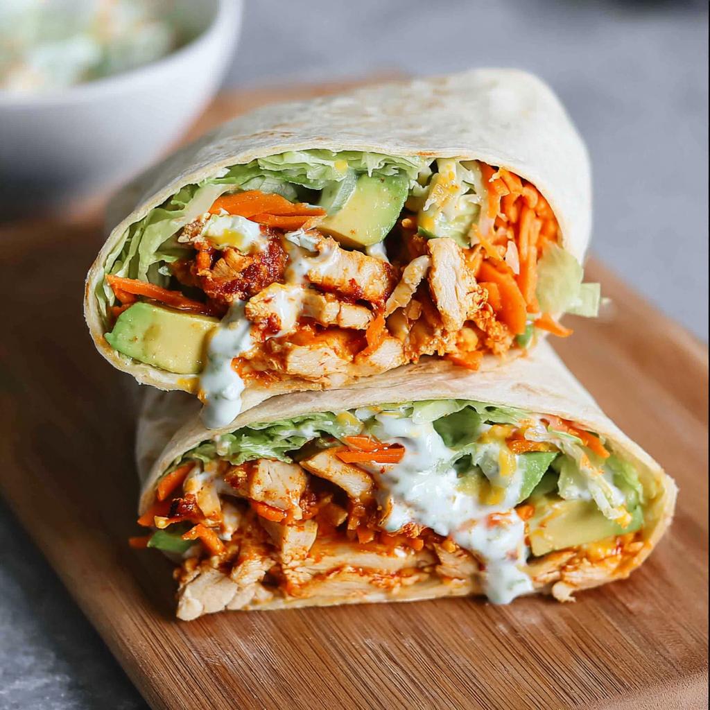 A delicious wrap filled with chicken, avocado, shredded carrots, lettuce, and a creamy sauce, cut in half to show the filling.