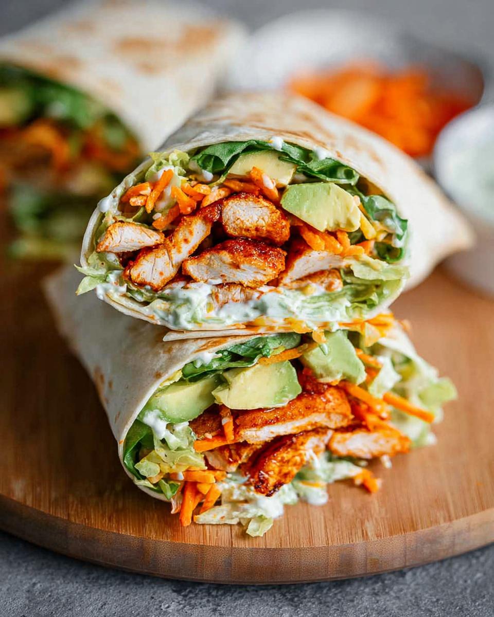 A delicious wrap filled with seasoned chicken, avocado, shredded carrots, lettuce, and a creamy sauce.