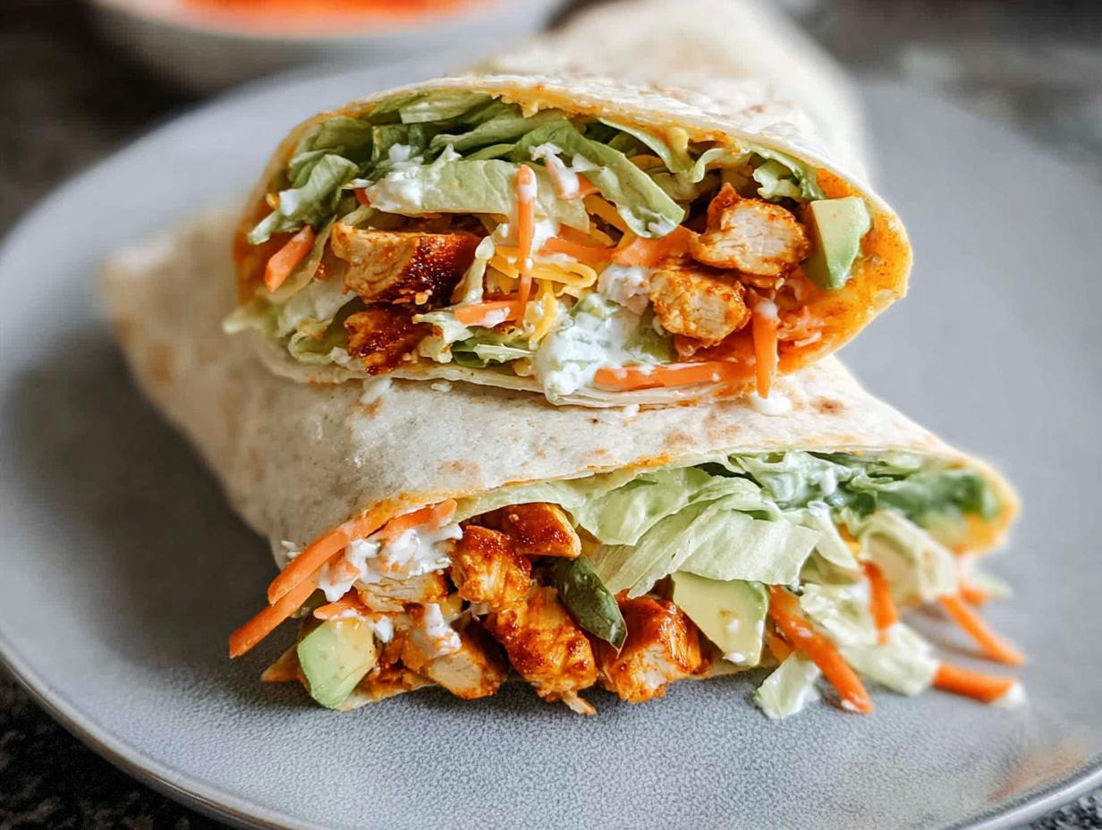 A delicious wrap filled with chicken, lettuce, shredded carrots, cheese, avocado, and a creamy sauce, cut in half.