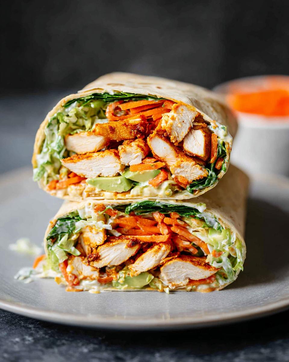 A delicious wrap filled with creamy spinach and eggs, tender chicken, avocado, and shredded carrots.