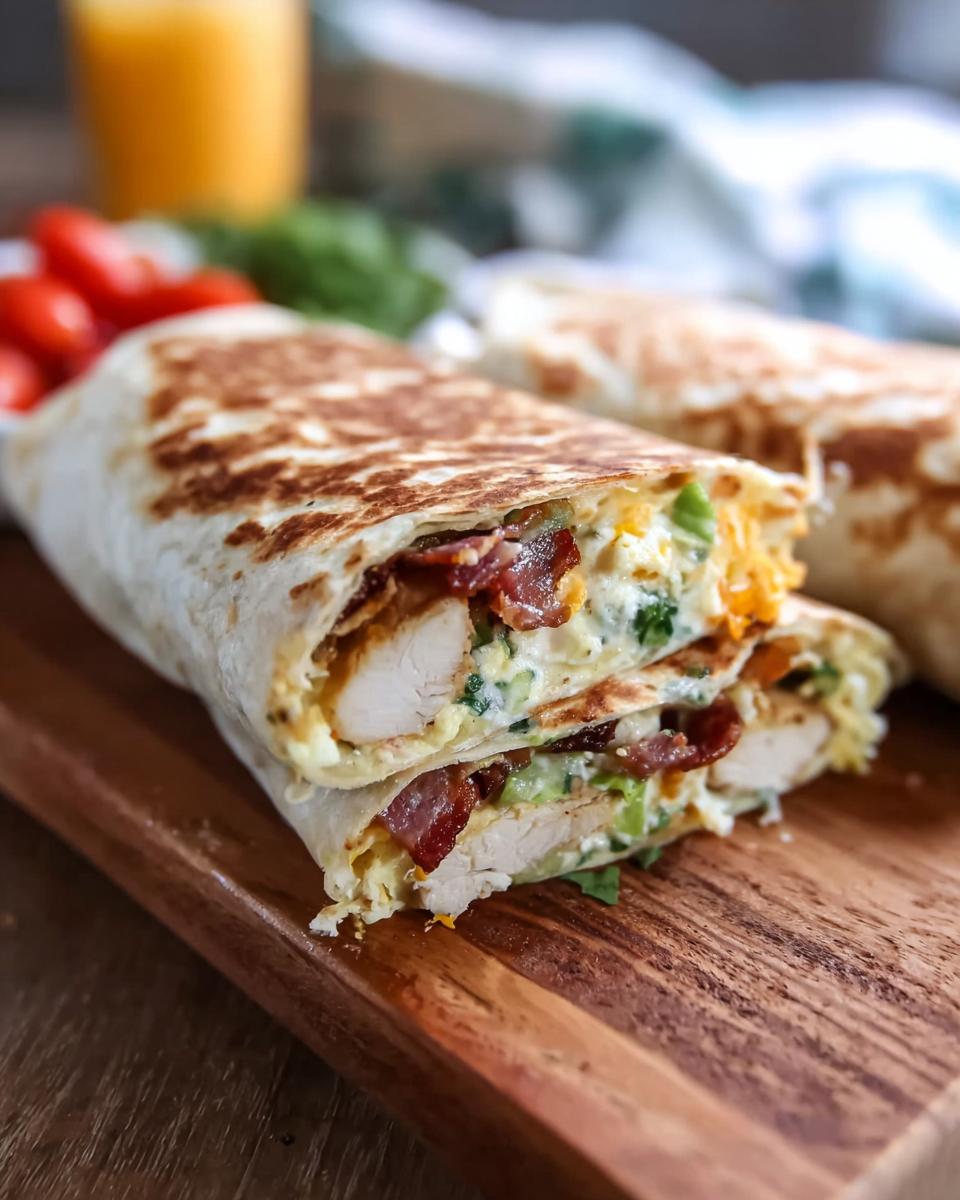 A delicious Crispy Chicken Bacon Wrap cut in half, revealing chicken, bacon, cheese, and green vegetables inside.
