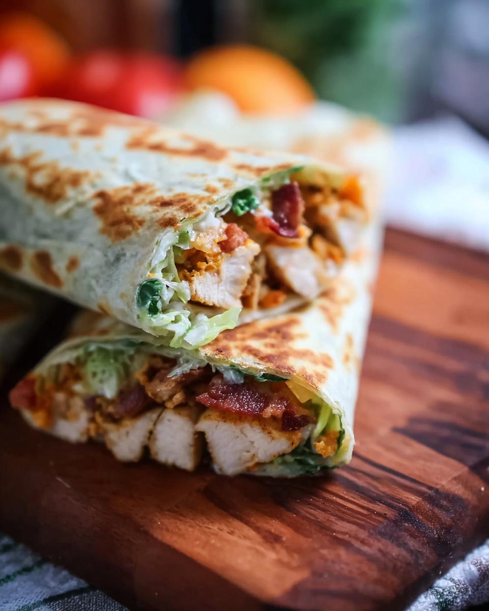 A close-up shot of a delicious Crispy Chicken Bacon Wrap, sliced in half to reveal tender chicken, crispy bacon, and fresh lettuce.