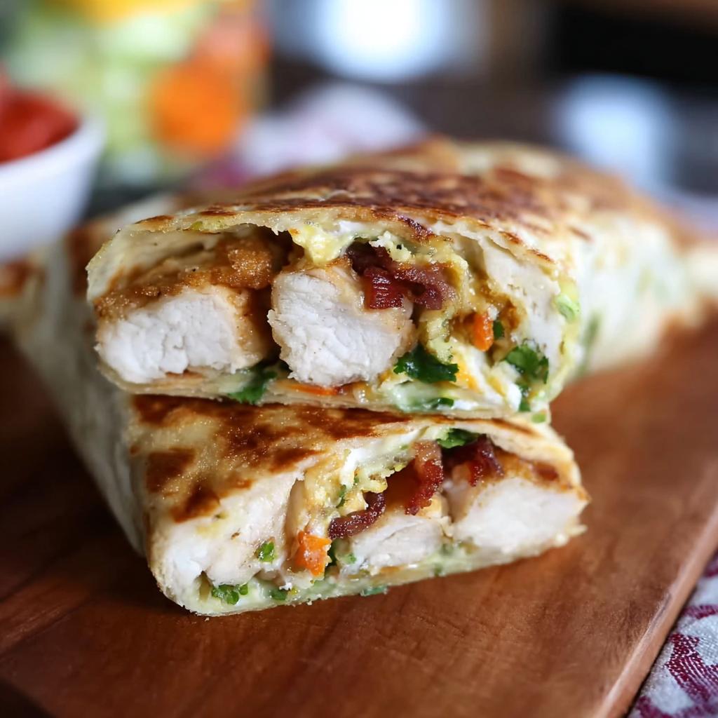 A delicious Crispy Chicken Bacon Wrap, cut in half to reveal tender chicken, crispy bacon, and fresh vegetables inside.