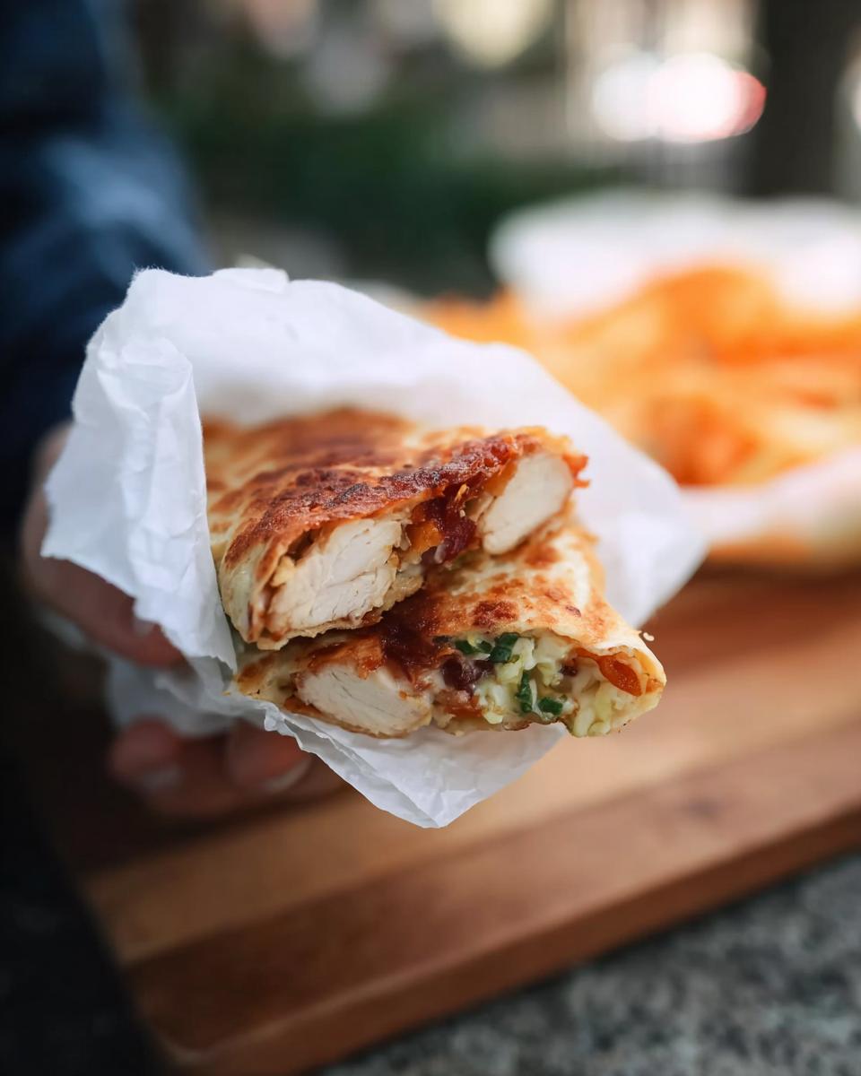 A close-up of a Crispy Chicken Bacon Wrap, cut in half to reveal tender chicken, bacon, and fresh greens inside.