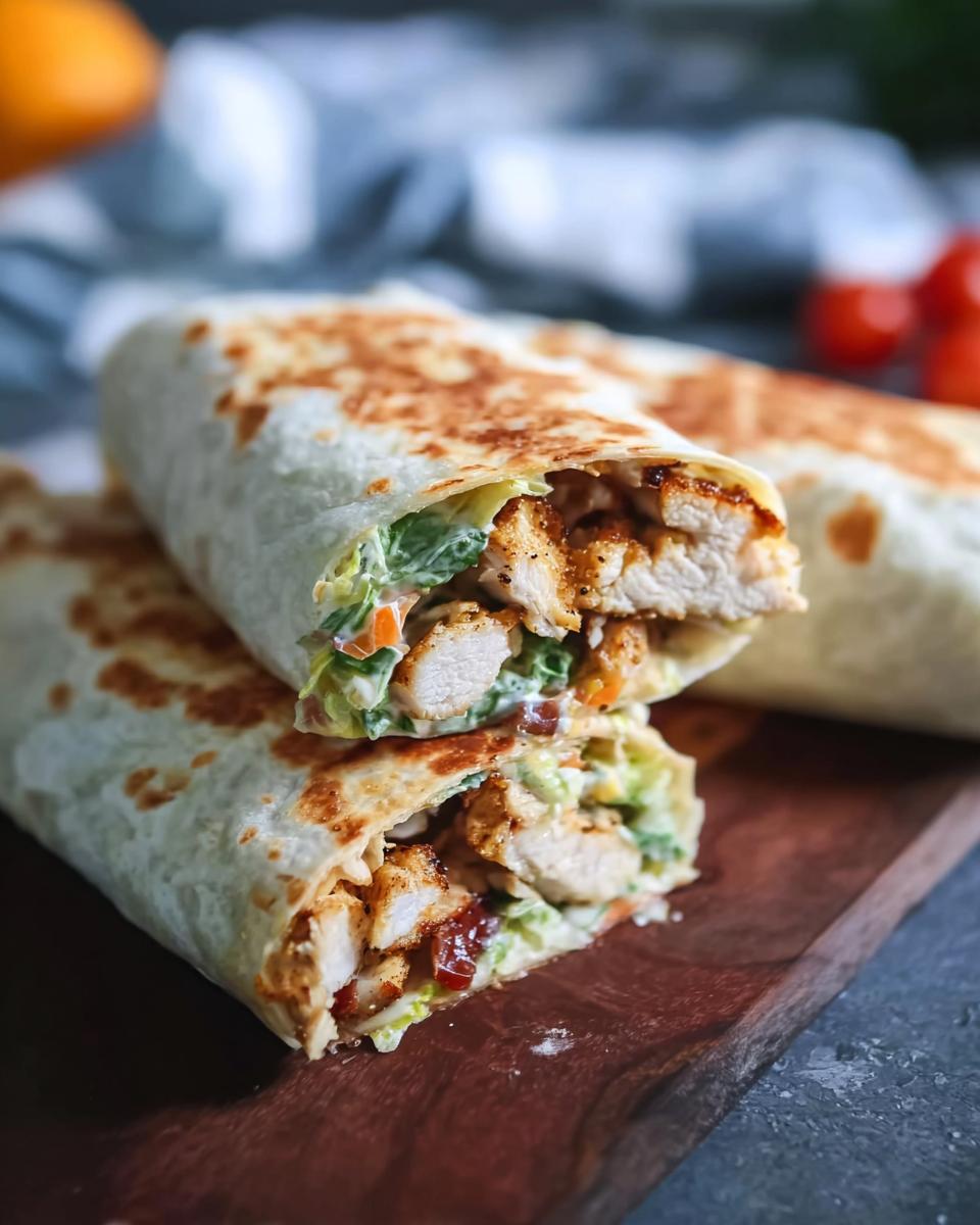 A close-up view of a delicious Crispy Chicken Bacon Wrap, sliced in half to reveal tender chicken, crisp lettuce, and creamy sauce.