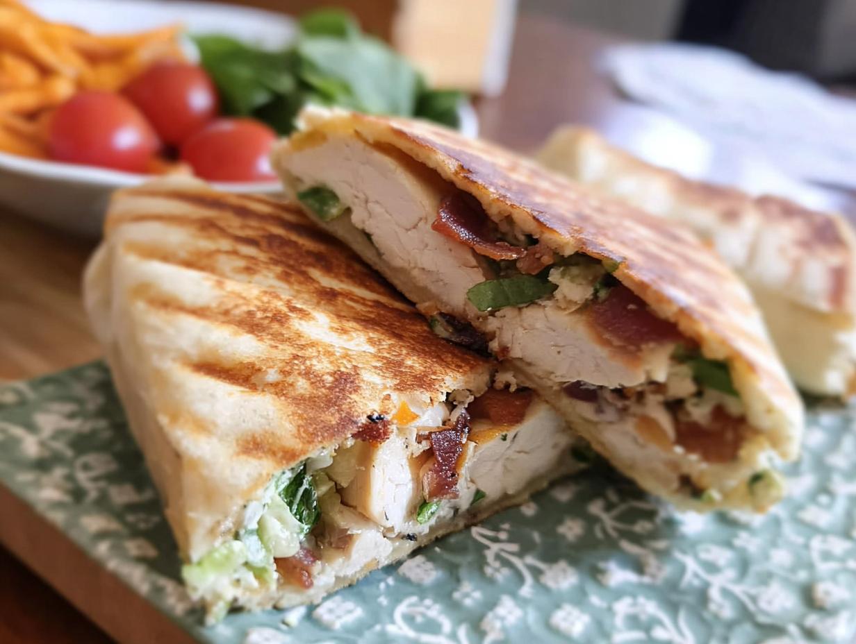 A delicious Crispy Chicken Bacon Wrap, sliced in half to reveal tender chicken, crispy bacon, and fresh greens.