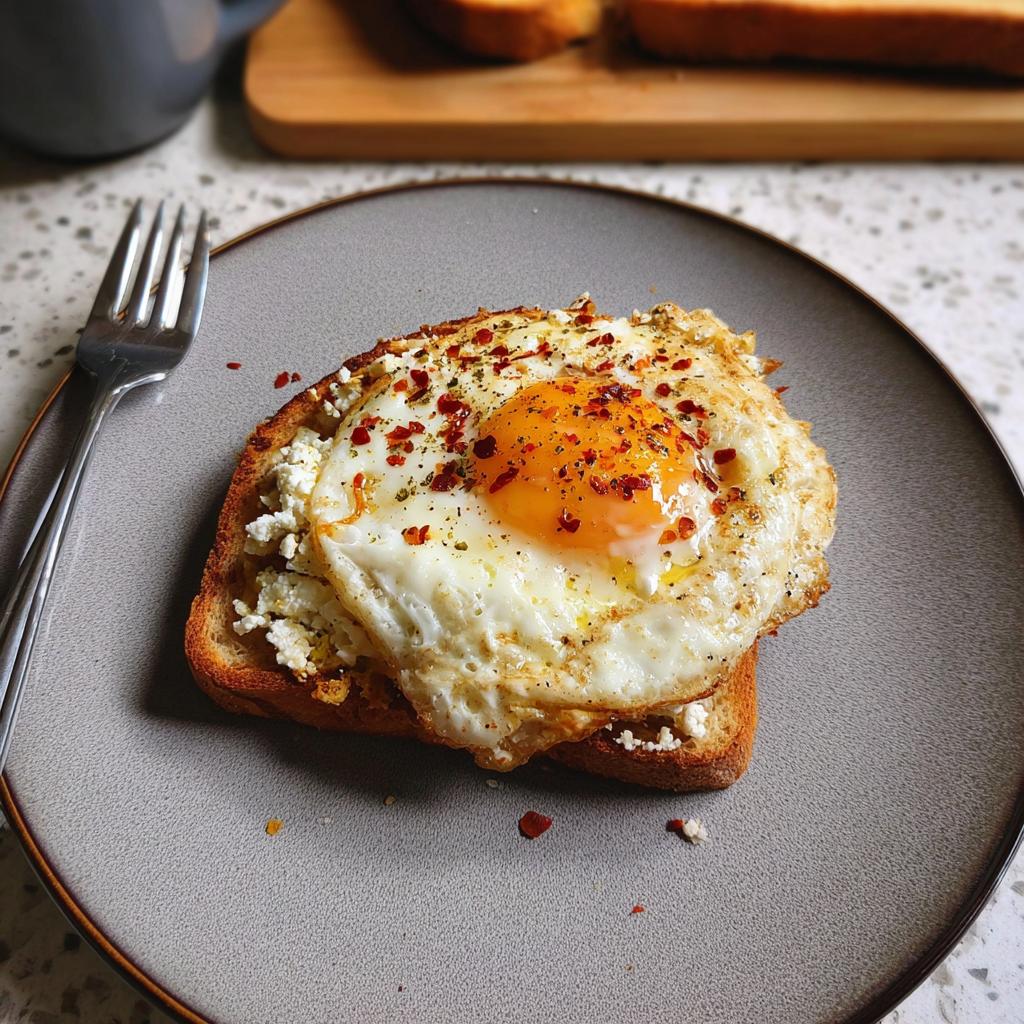 A close-up of crispy feta fried eggs served on a slice of toasted bread, sprinkled with red pepper flakes.