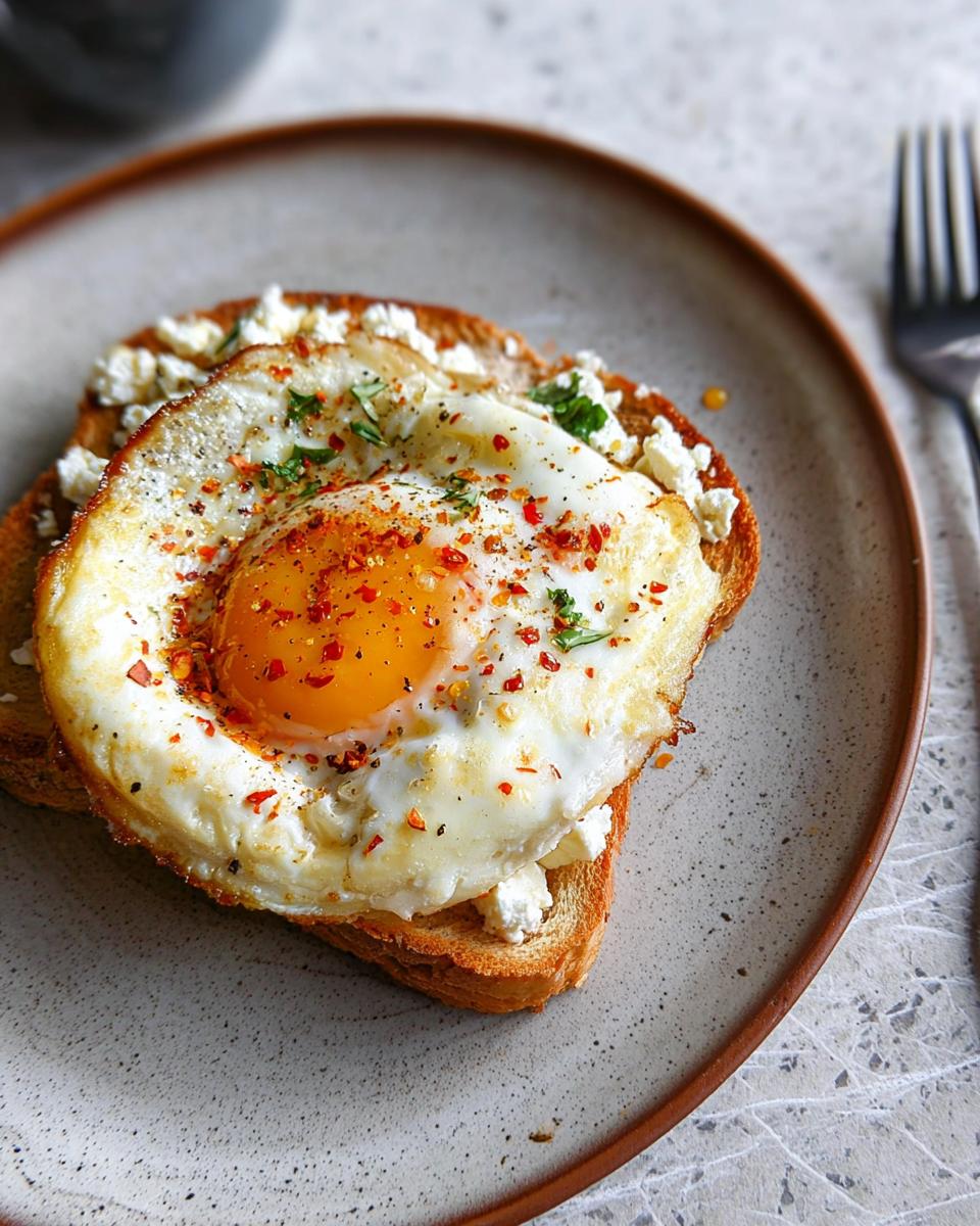 A close-up of crispy feta fried eggs served on toast, sprinkled with chili flakes and herbs.