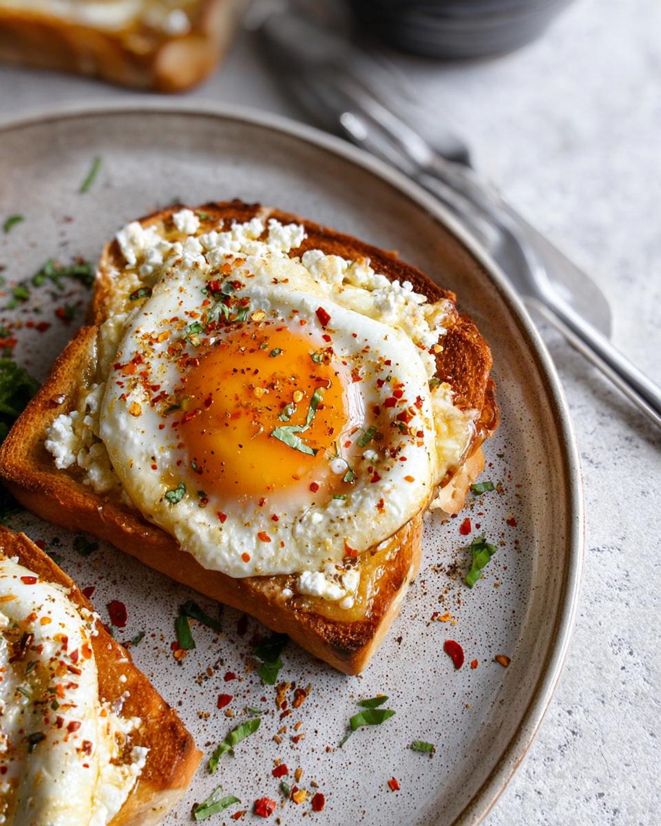 Close-up of crispy feta fried eggs served on toasted bread, sprinkled with chili flakes and herbs.