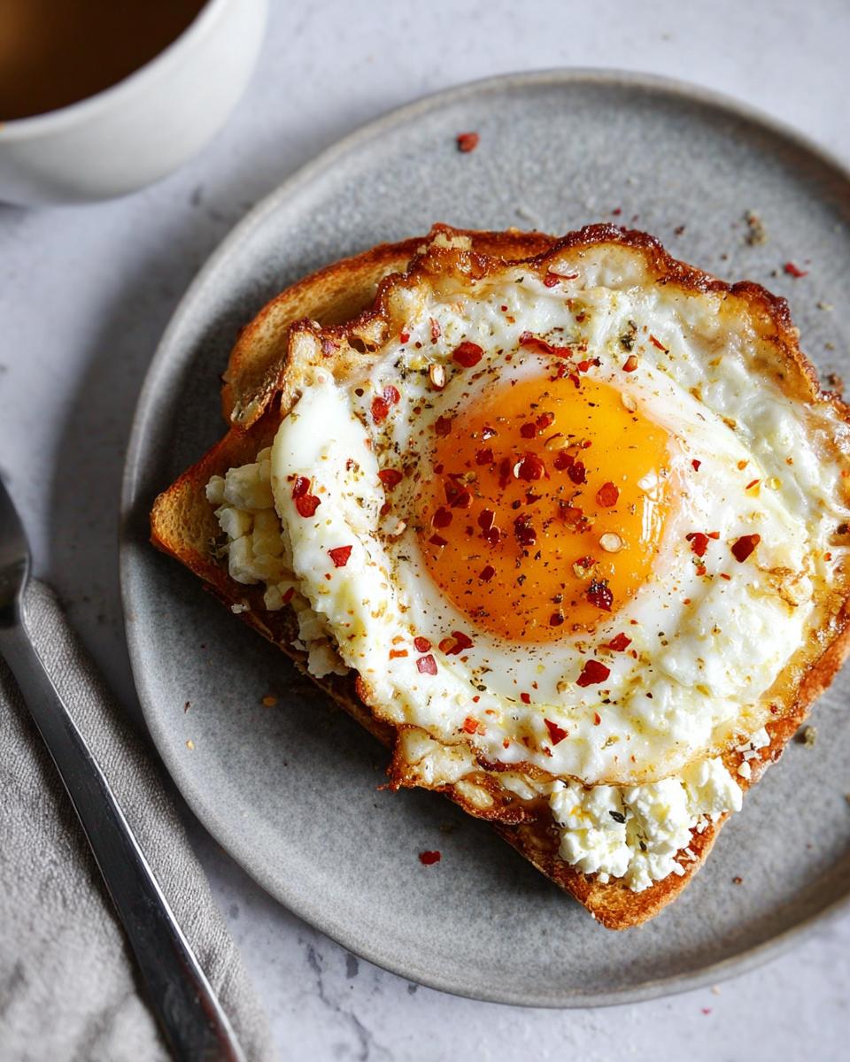 A close-up of crispy feta fried eggs on toast, sprinkled with red pepper flakes.
