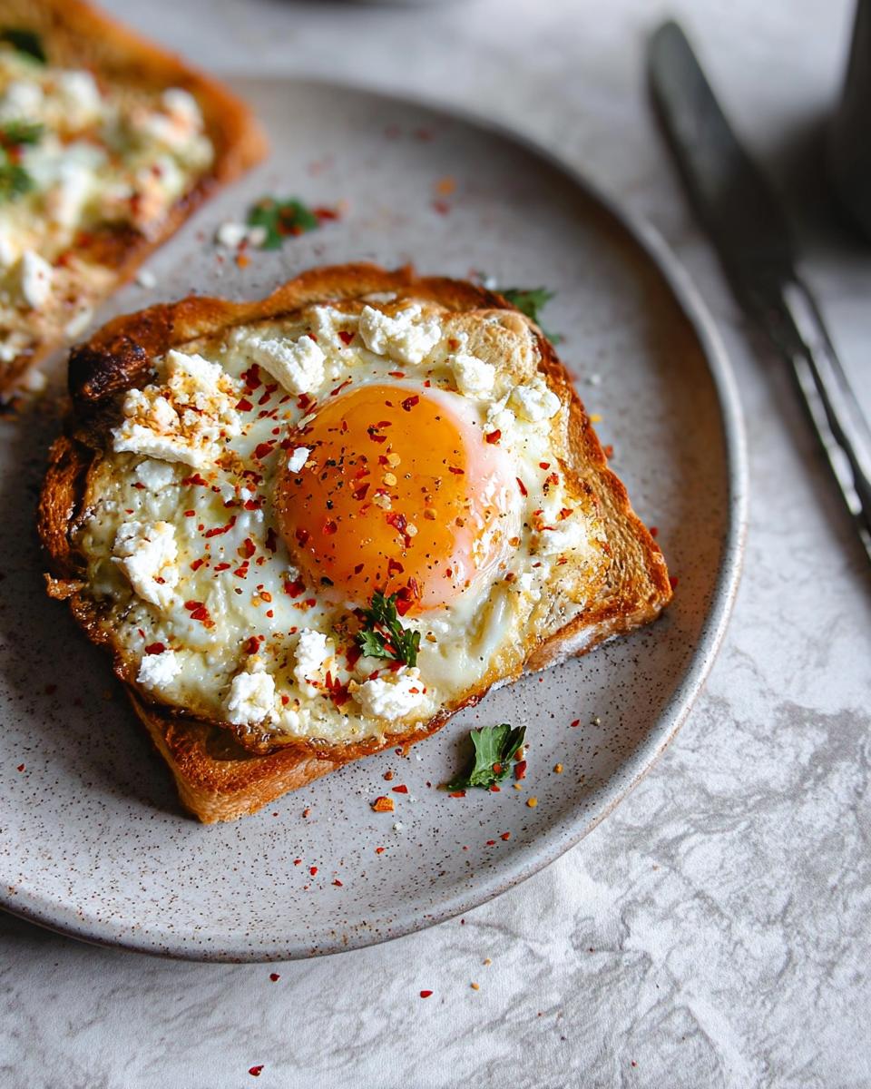 A close-up of crispy feta fried eggs served on toasted bread, sprinkled with chili flakes and parsley.