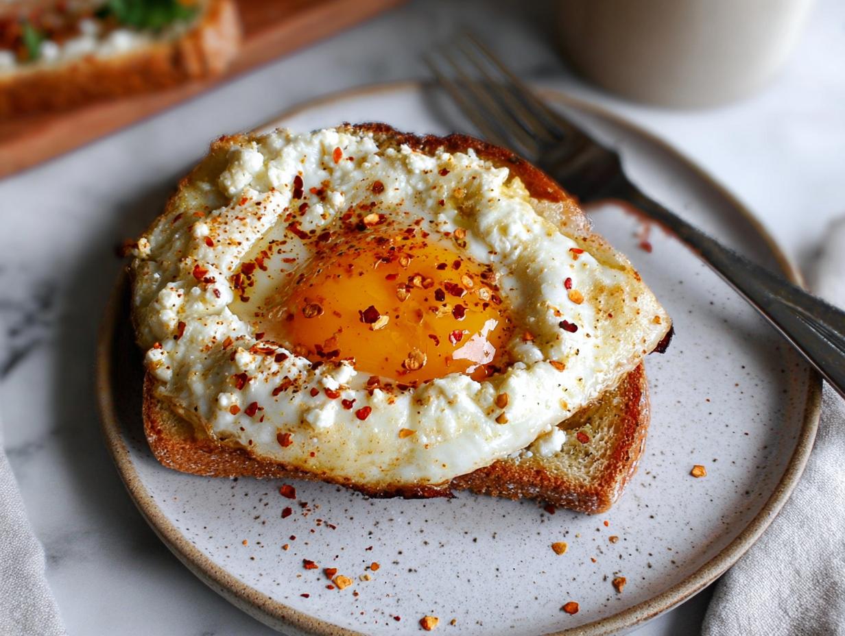 A close-up of crispy feta fried eggs served on a slice of toasted bread, sprinkled with chili flakes.