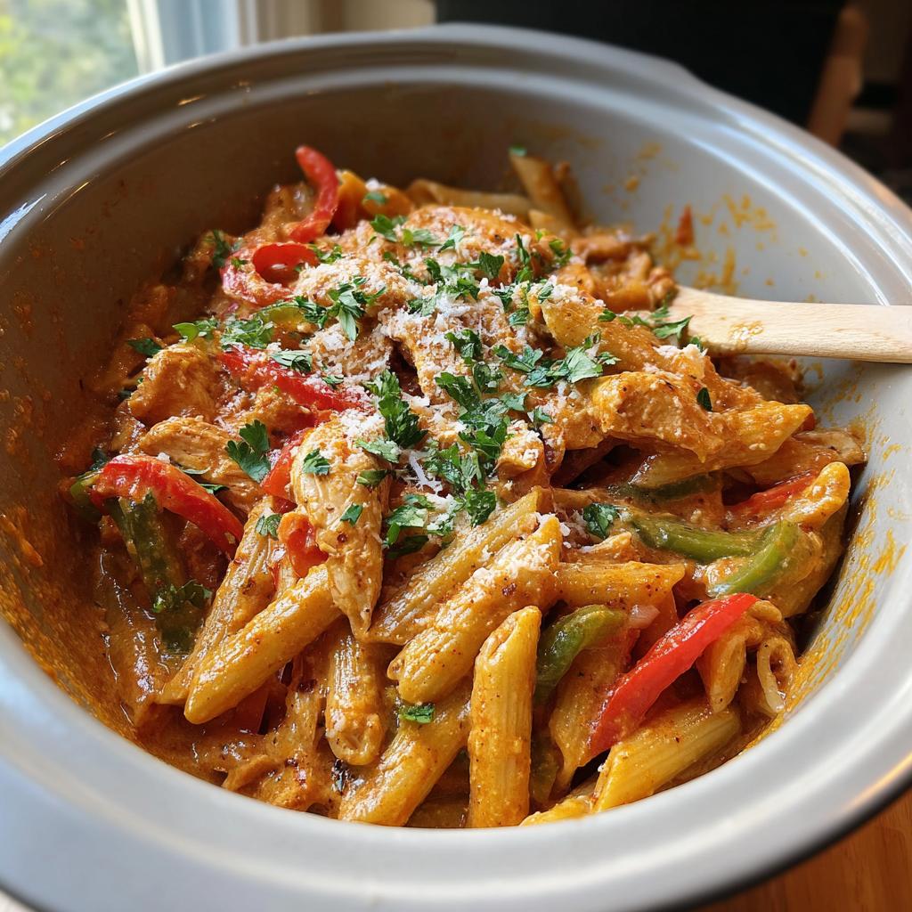 A close-up of Crock Pot Creamy Cajun Chicken Pasta with penne, chicken, and colorful bell peppers, garnished with parsley and cheese.
