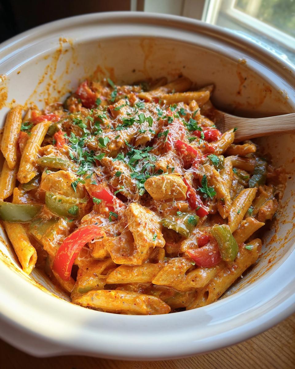 A close-up of Crock Pot Creamy Cajun Chicken Pasta in a serving dish, garnished with parsley and cheese.