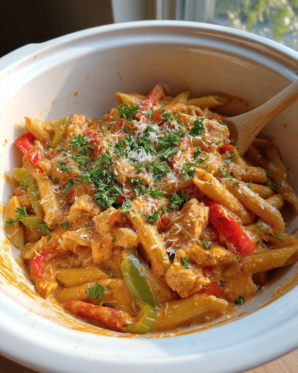 A bowl of Crock Pot Creamy Cajun Chicken Pasta with penne, chicken, bell peppers, and a creamy sauce, topped with parsley and Parmesan.