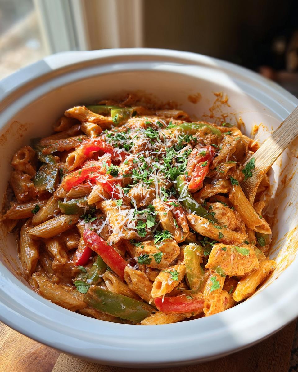 A bowl of Crock Pot Creamy Cajun Chicken Pasta with penne, chicken, bell peppers, and parsley.