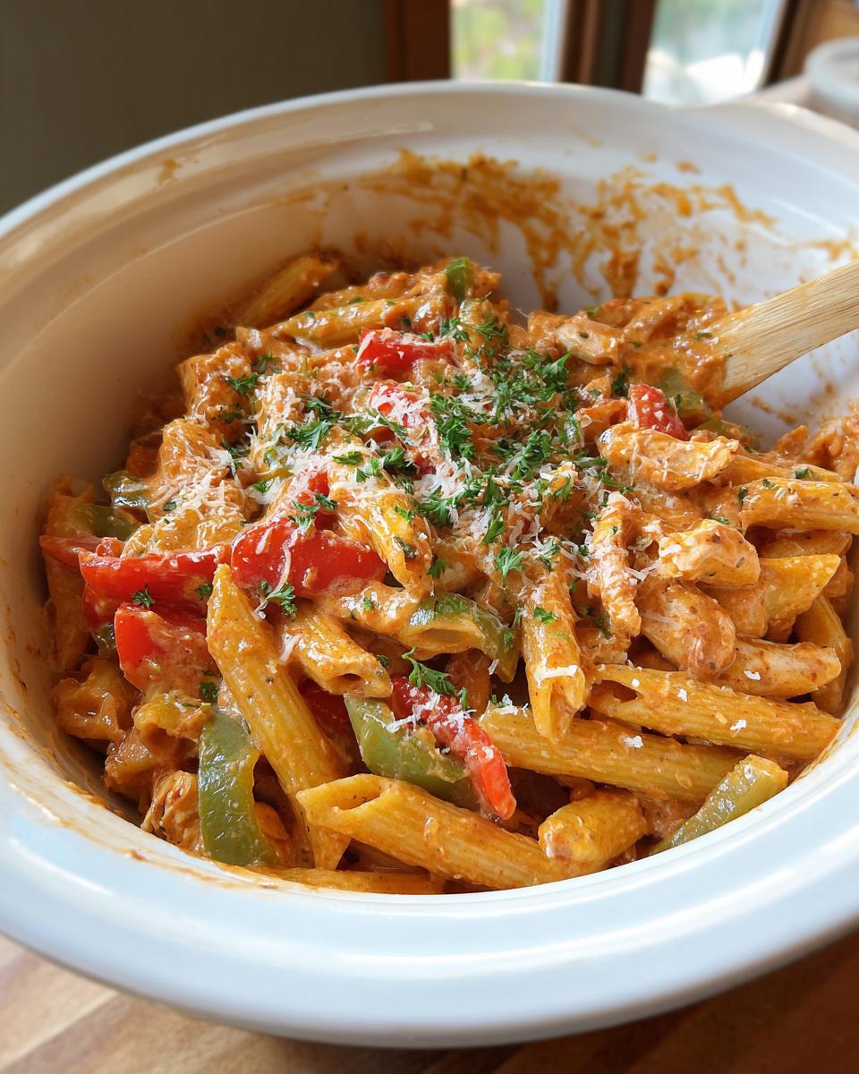 A close-up of Crock Pot Creamy Cajun Chicken Pasta with penne, bell peppers, and chicken in a creamy sauce, topped with parsley and Parmesan.