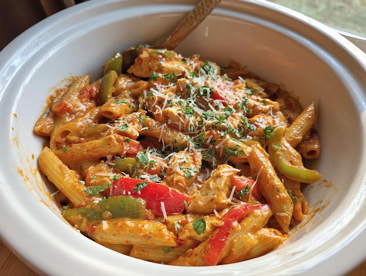 A bowl of Crock Pot Creamy Cajun Chicken Pasta with penne, chicken, bell peppers, and garnished with parsley and cheese.