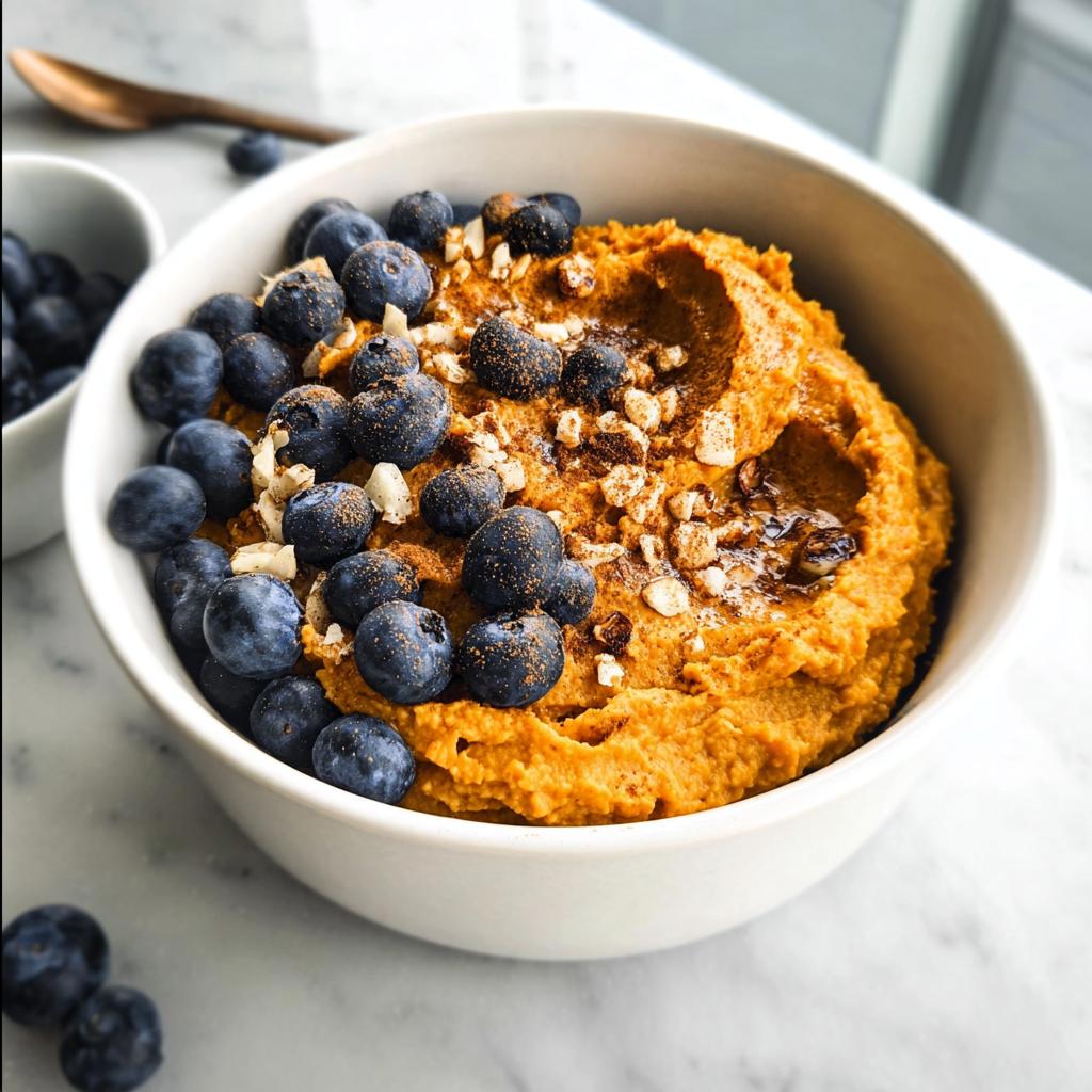A close-up of a Delicious Sweet Potato Breakfast Bowl topped with fresh blueberries, chopped nuts, and cinnamon.