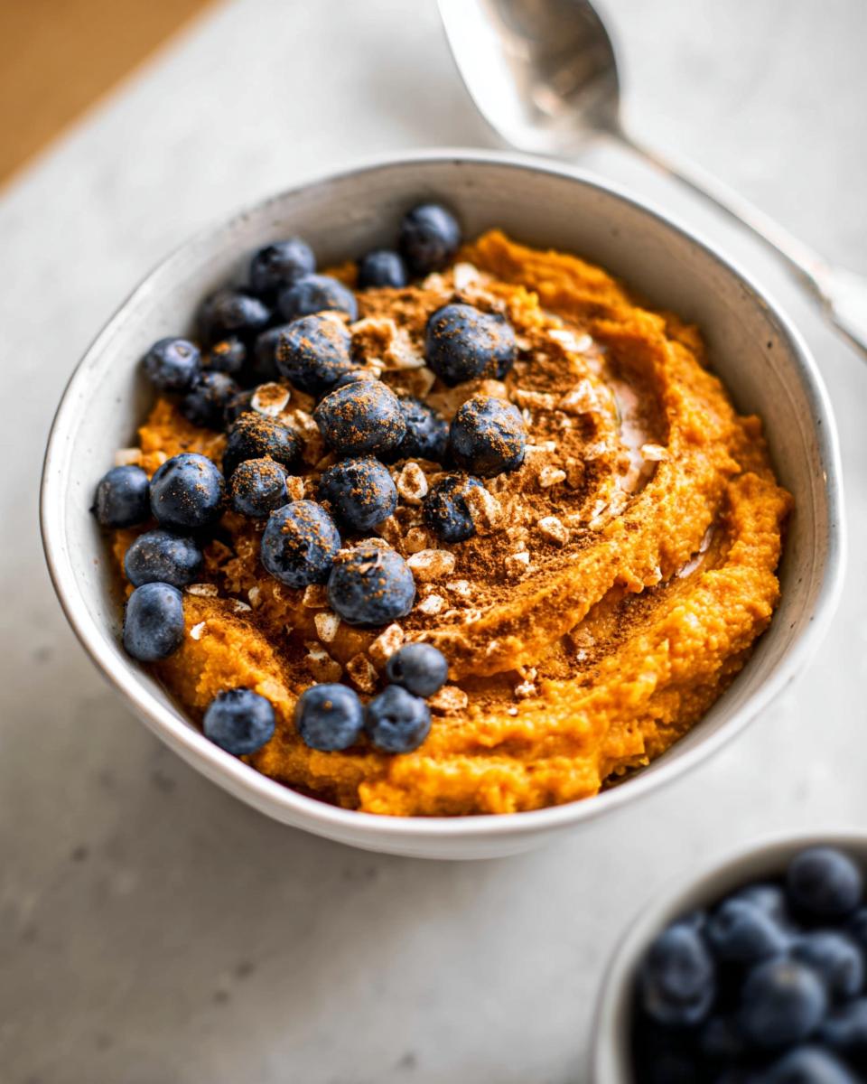 A Delicious Sweet Potato Breakfast Bowl topped with fresh blueberries, cinnamon, and oats.