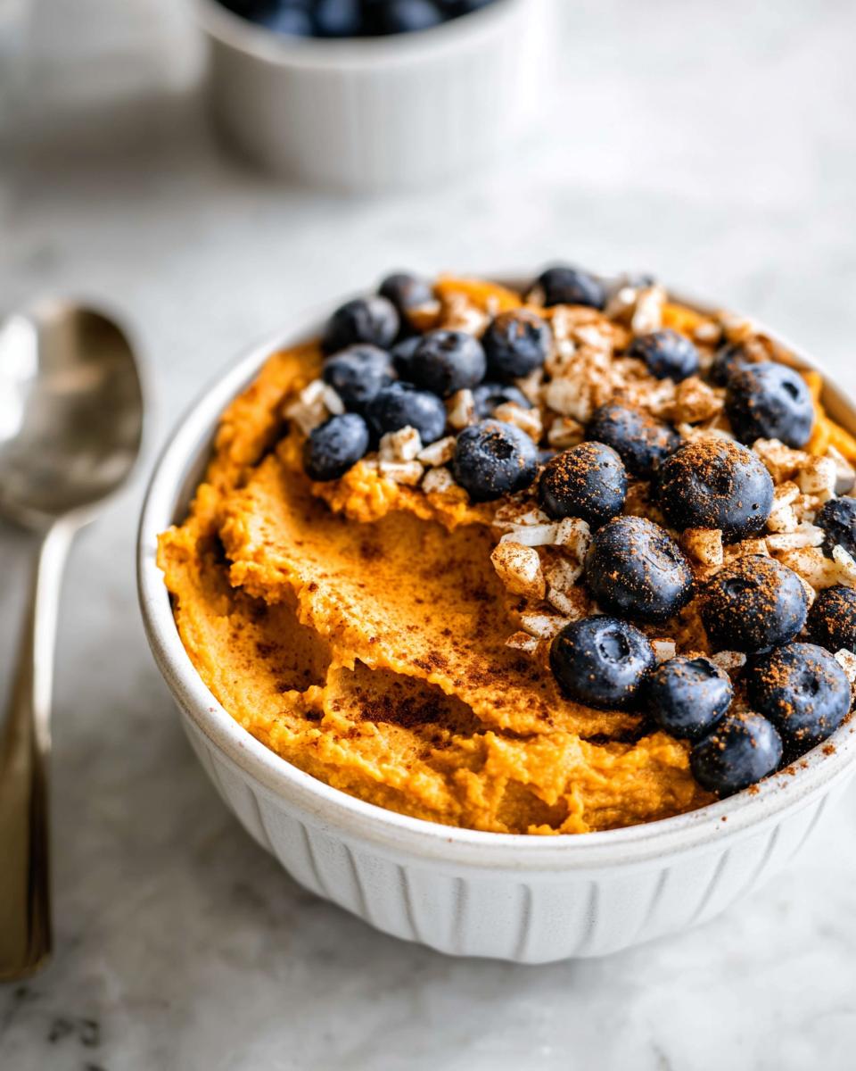 A Delicious Sweet Potato Breakfast Bowl topped with fresh blueberries, chopped nuts, and cinnamon.