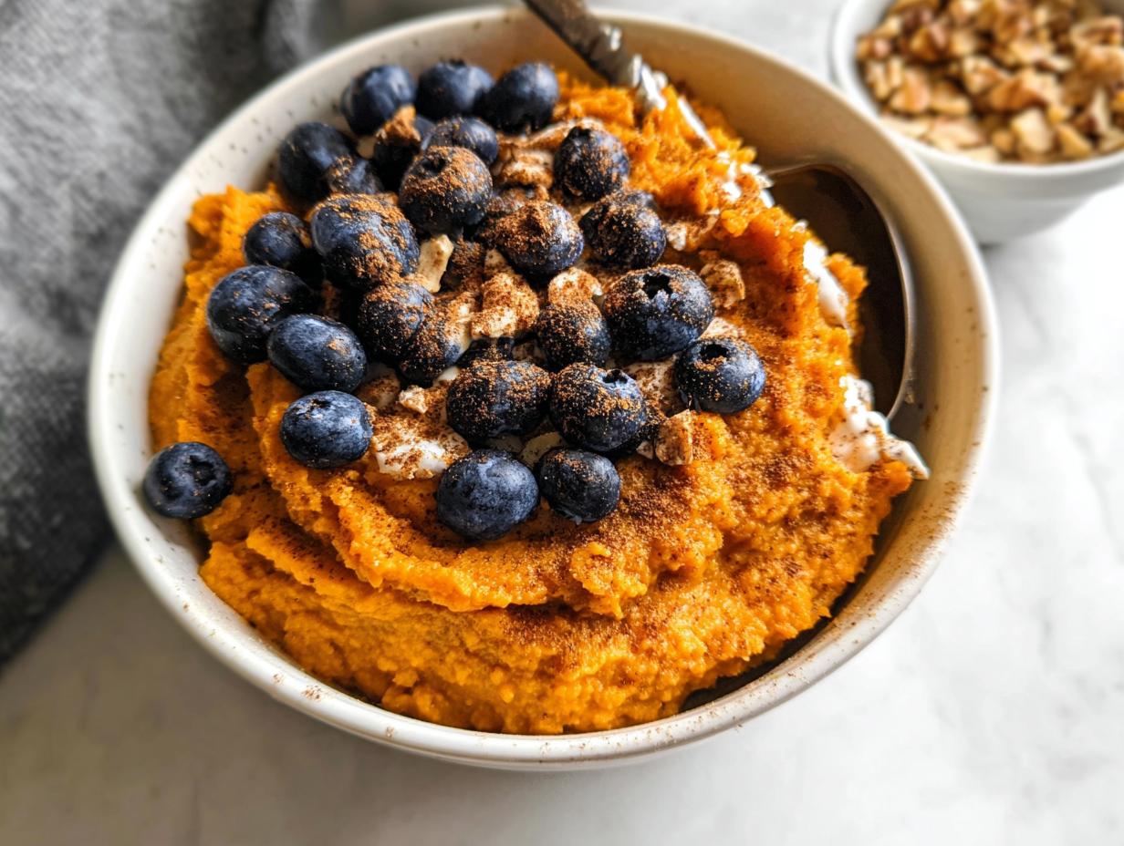 A close-up of a Delicious Sweet Potato Breakfast Bowl topped with fresh blueberries, cinnamon, and chopped nuts.