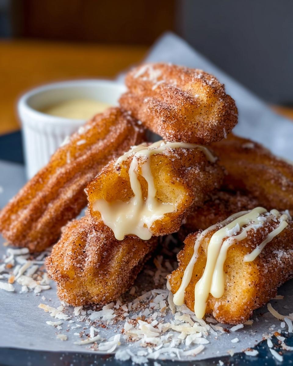 Close-up of Easy Baked Churro Bites, coated in cinnamon sugar and drizzled with white chocolate, with a creamy filling visible.