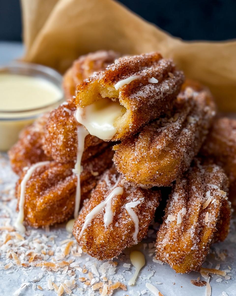 A pile of Easy Baked Churro Bites, coated in cinnamon sugar, with a creamy filling oozing out of one bite.