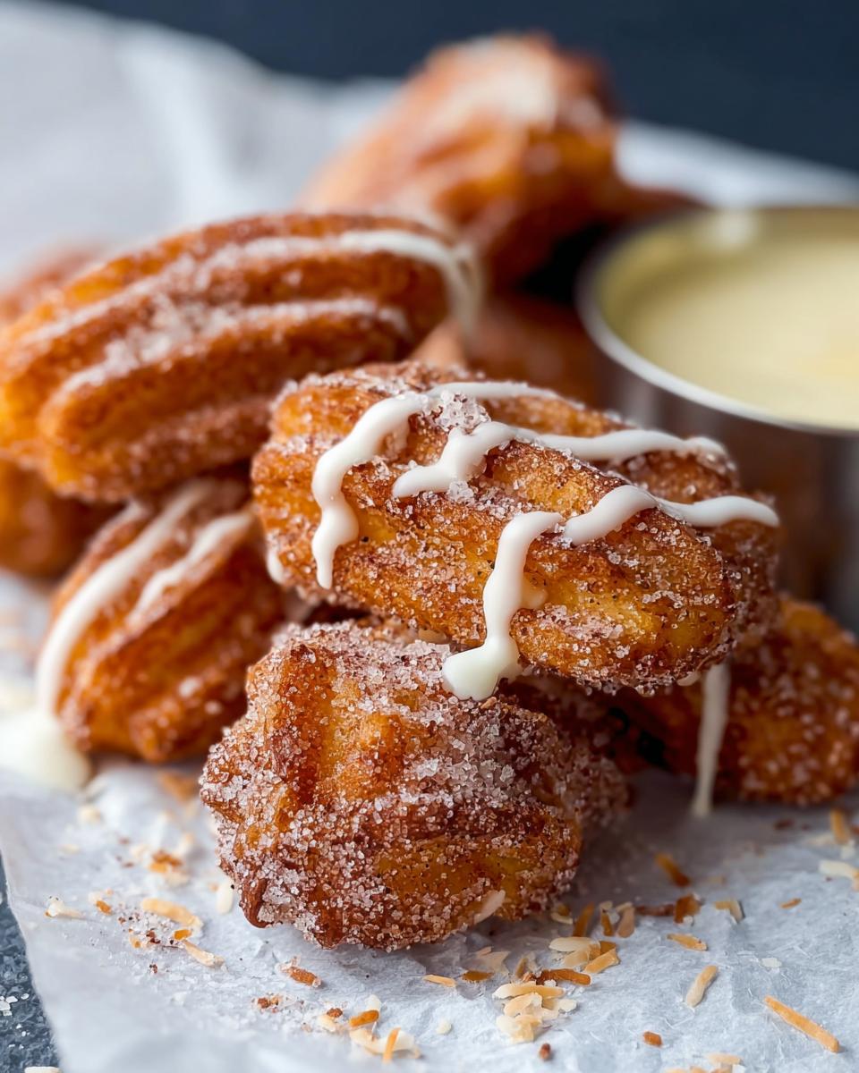 Close-up of Easy Baked Churro Bites coated in cinnamon sugar, drizzled with white icing, and a bowl of dipping sauce.
