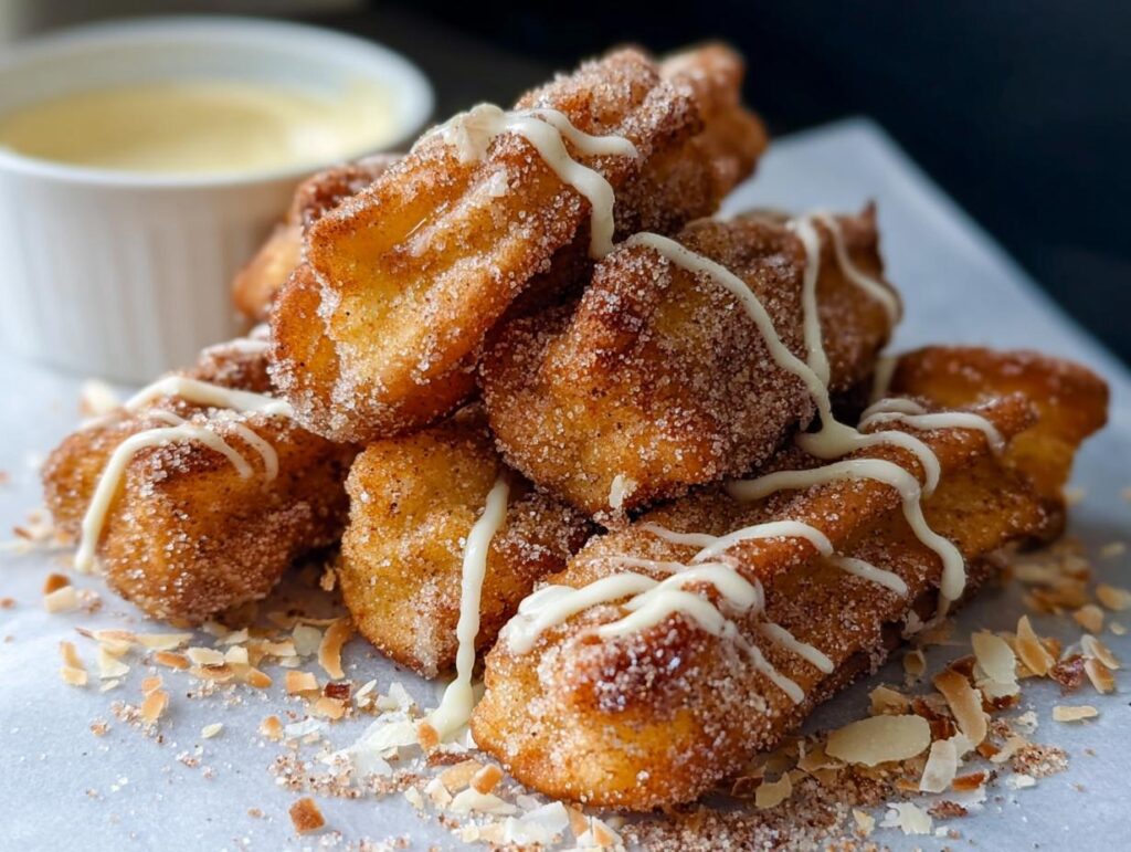 A pile of golden brown Easy Baked Churro Bites, coated in cinnamon sugar and drizzled with white icing.