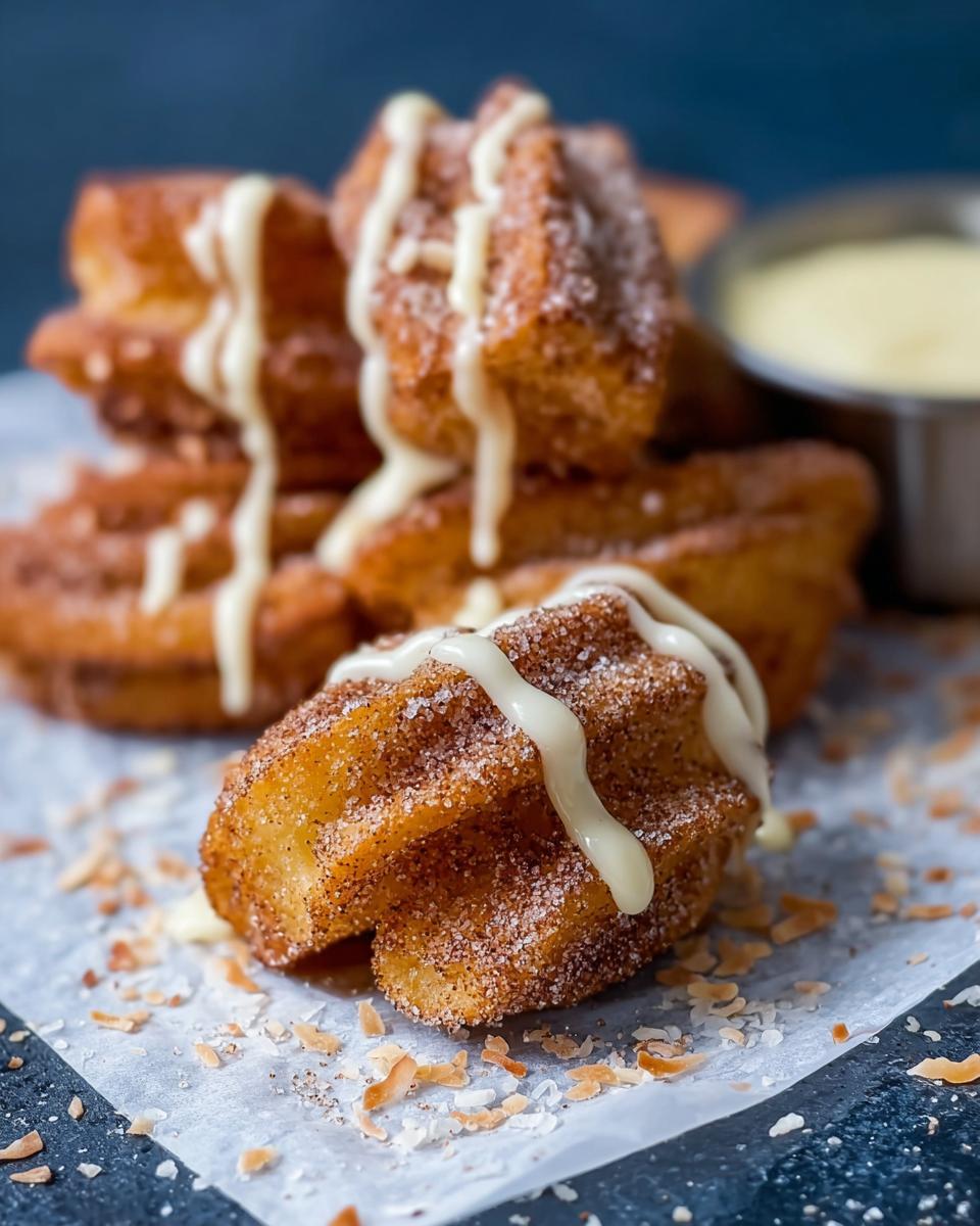 Close-up of Easy Baked Churro Bites dusted with cinnamon sugar and drizzled with white icing.