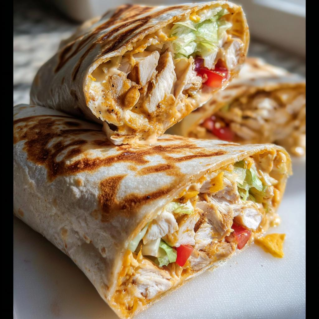A delicious Easy Chipotle Ranch Grilled Chicken Burrito, cut in half to show shredded chicken, lettuce, tomato, and creamy sauce.