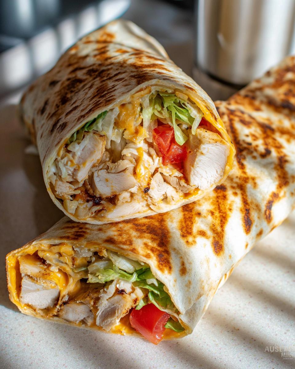 Close-up of an Easy Chipotle Ranch Grilled Chicken Burrito, cut in half, showing grilled chicken, cheese, lettuce, and tomato.