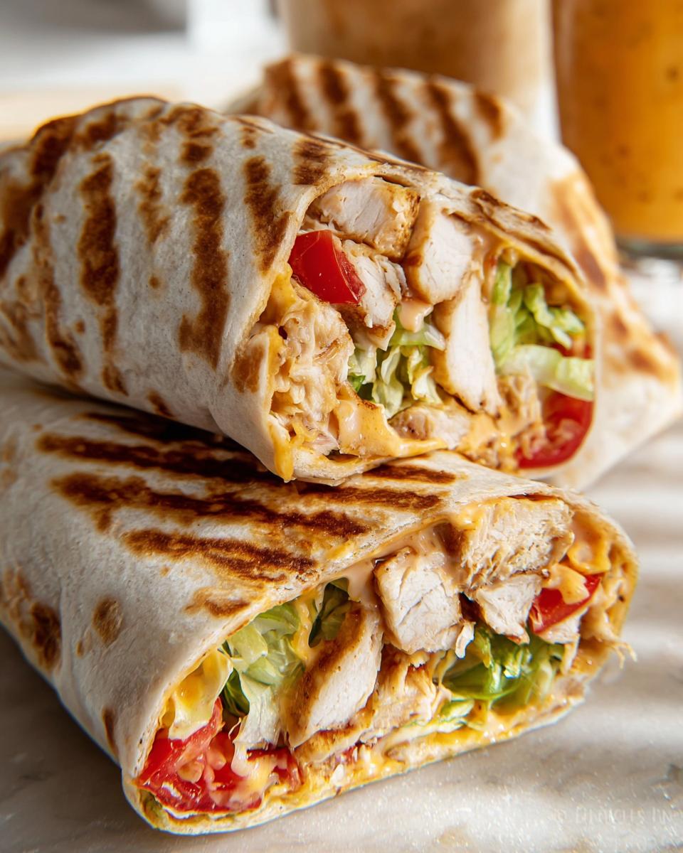 Close-up of an Easy Chipotle Ranch Grilled Chicken Burrito, showing grilled chicken, lettuce, tomato, and creamy sauce.