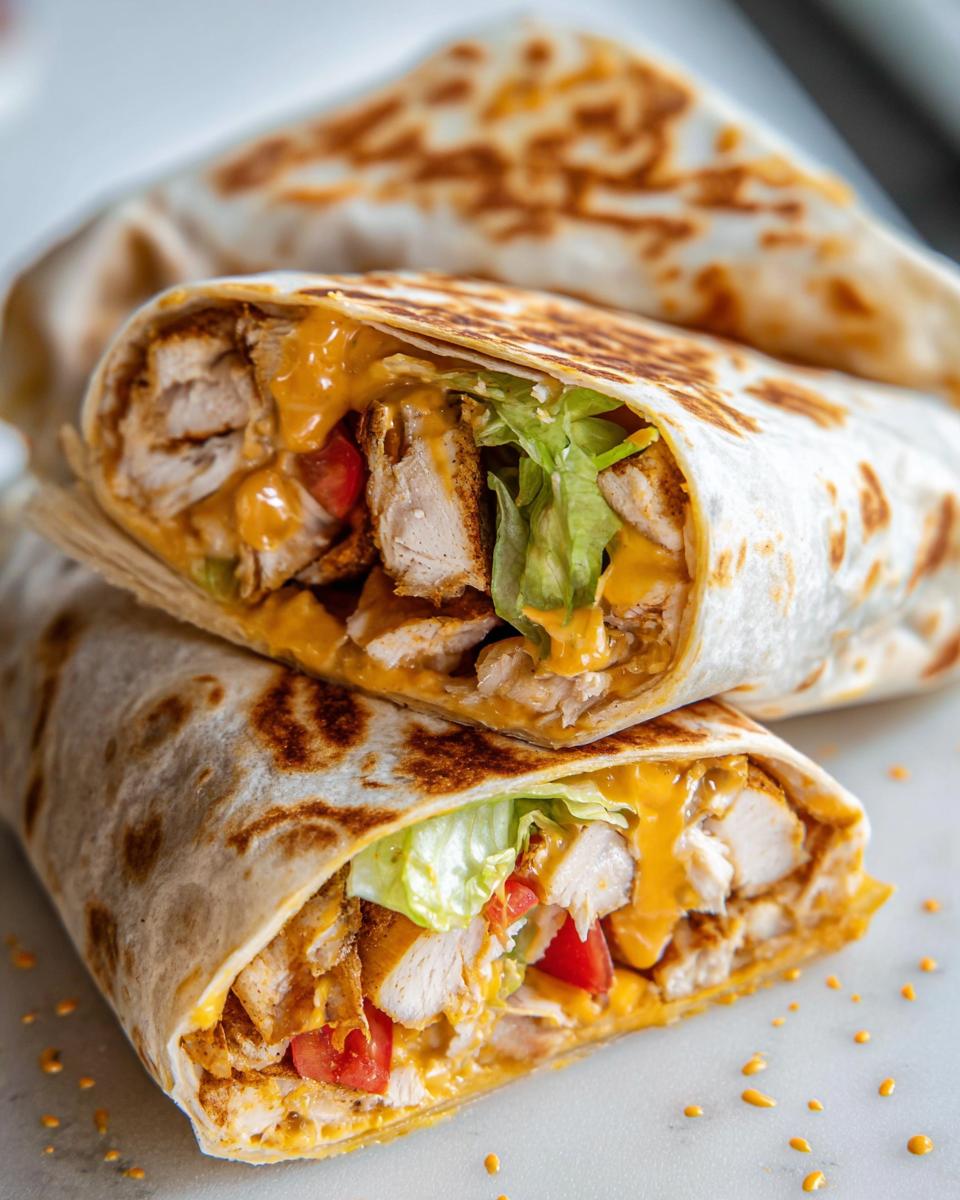 A close-up of an Easy Chipotle Ranch Grilled Chicken Burrito, sliced in half to reveal grilled chicken, cheese, lettuce, and tomatoes.