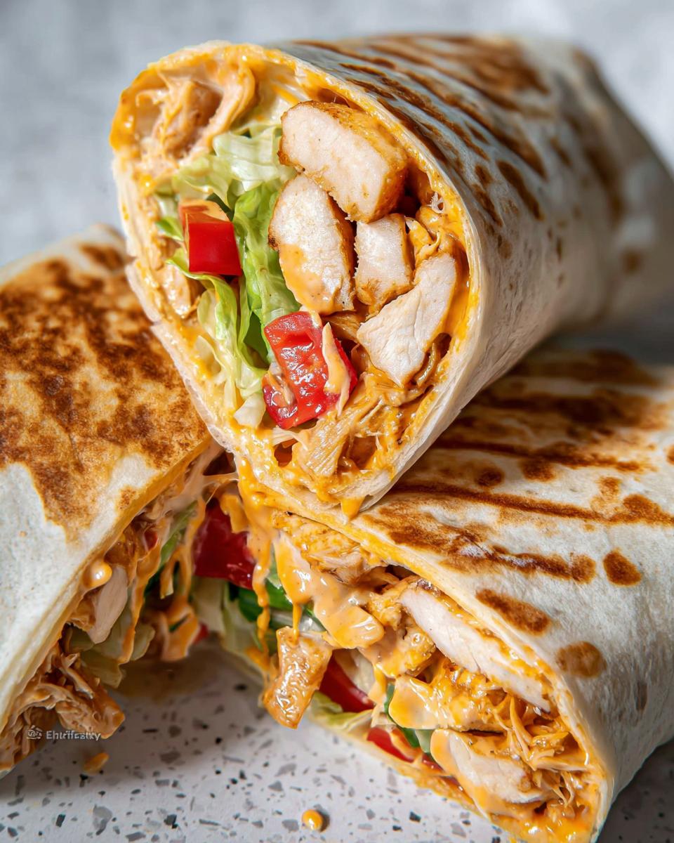 Close-up of a halved Easy Chipotle Ranch Grilled Chicken Burrito, showing grilled chicken, lettuce, tomatoes, and creamy chipotle ranch sauce.