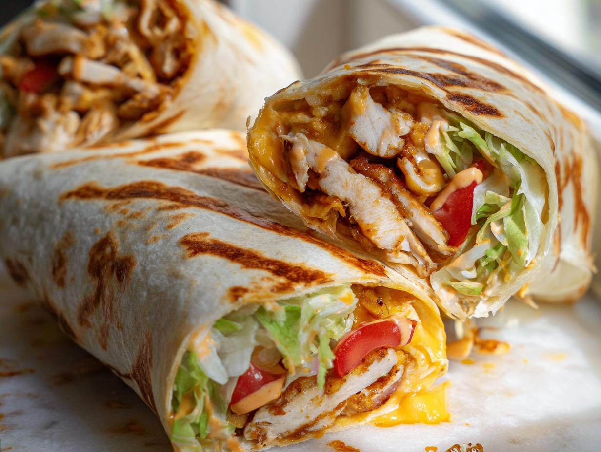 A close-up of an Easy Chipotle Ranch Grilled Chicken Burrito, sliced in half to reveal chicken, lettuce, tomato, and sauce.