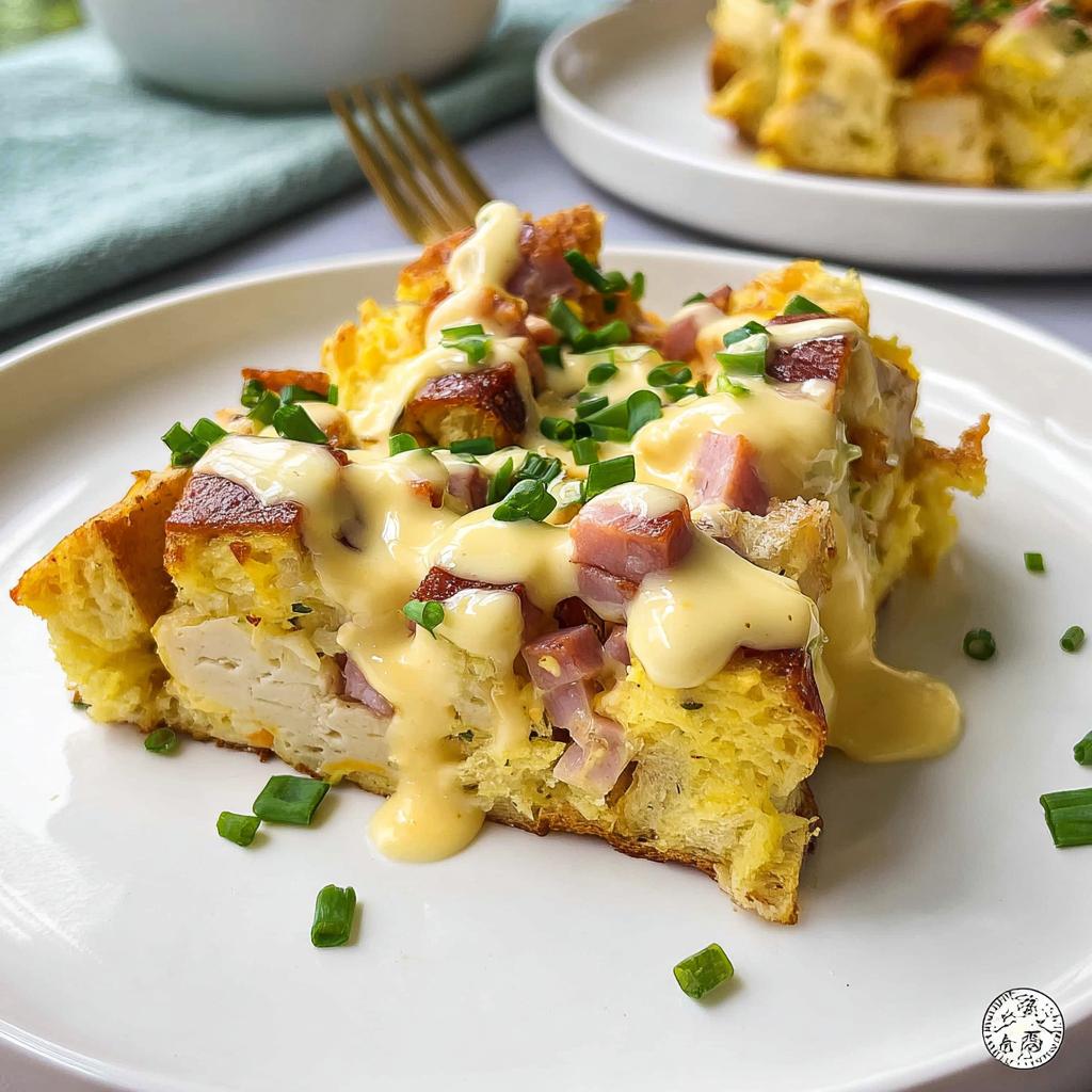 A delicious slice of easy Eggs Benedict Casserole topped with creamy hollandaise sauce and chives.