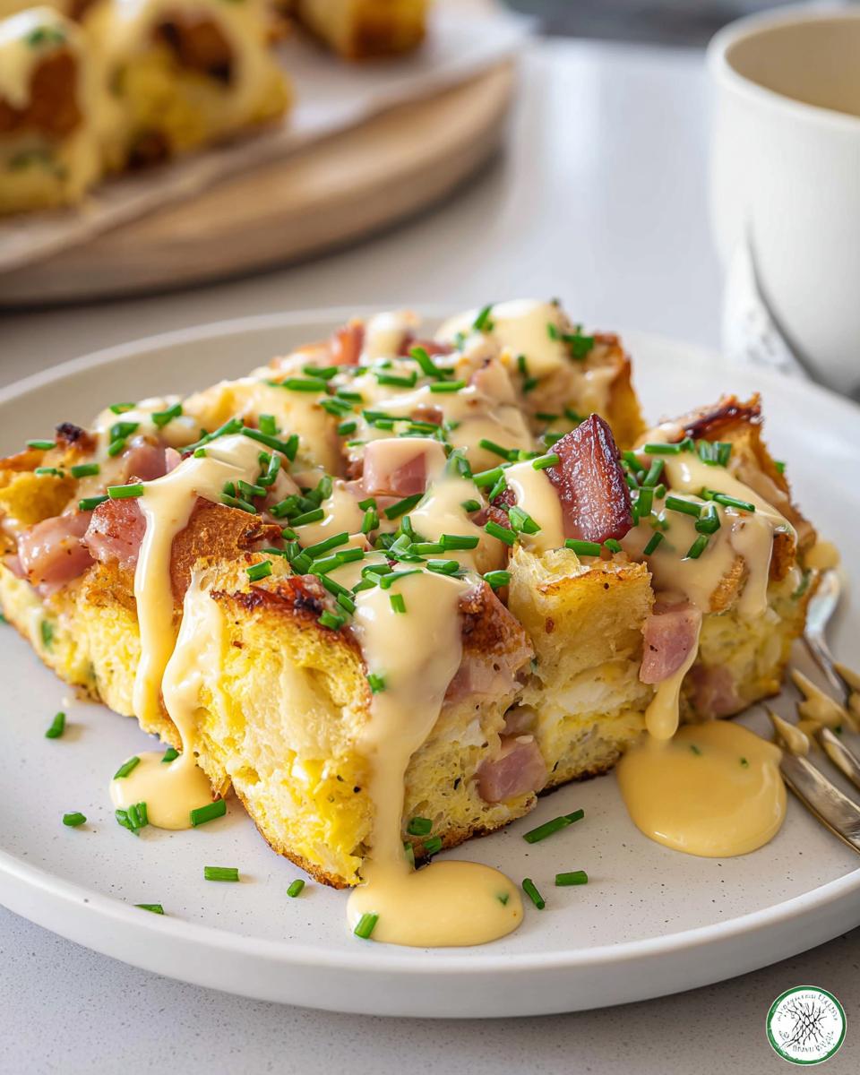 A delicious slice of Easy Eggs Benedict Casserole topped with creamy hollandaise sauce and chives.