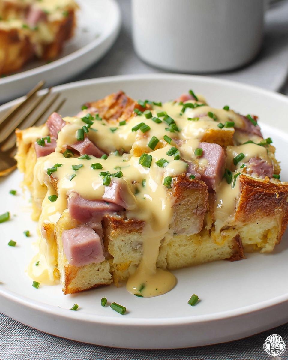 A delicious slice of Easy Eggs Benedict Casserole with ham, topped with creamy hollandaise sauce and chives.