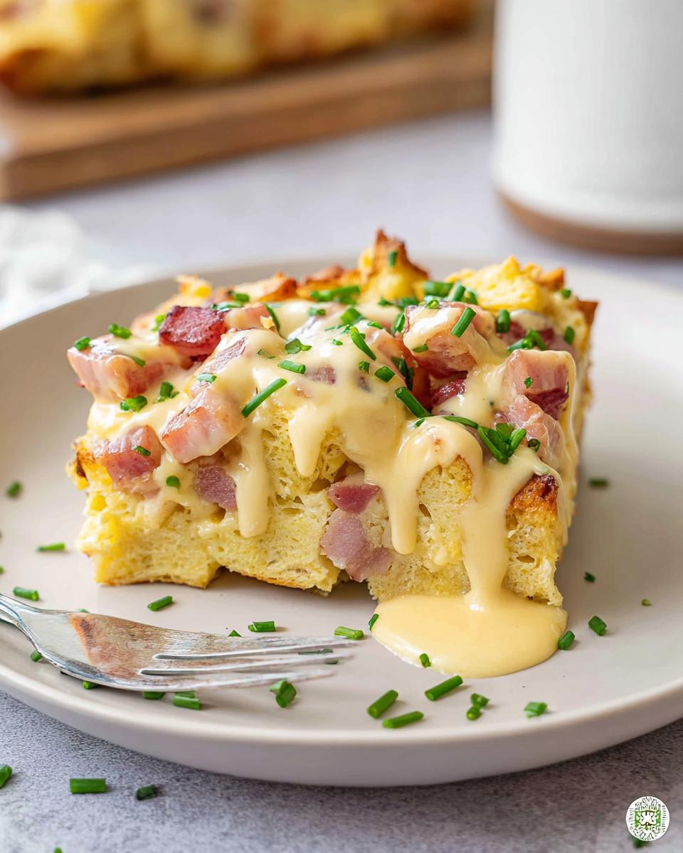 A delicious slice of Easy Eggs Benedict Casserole, topped with creamy hollandaise sauce, diced ham, and chives.
