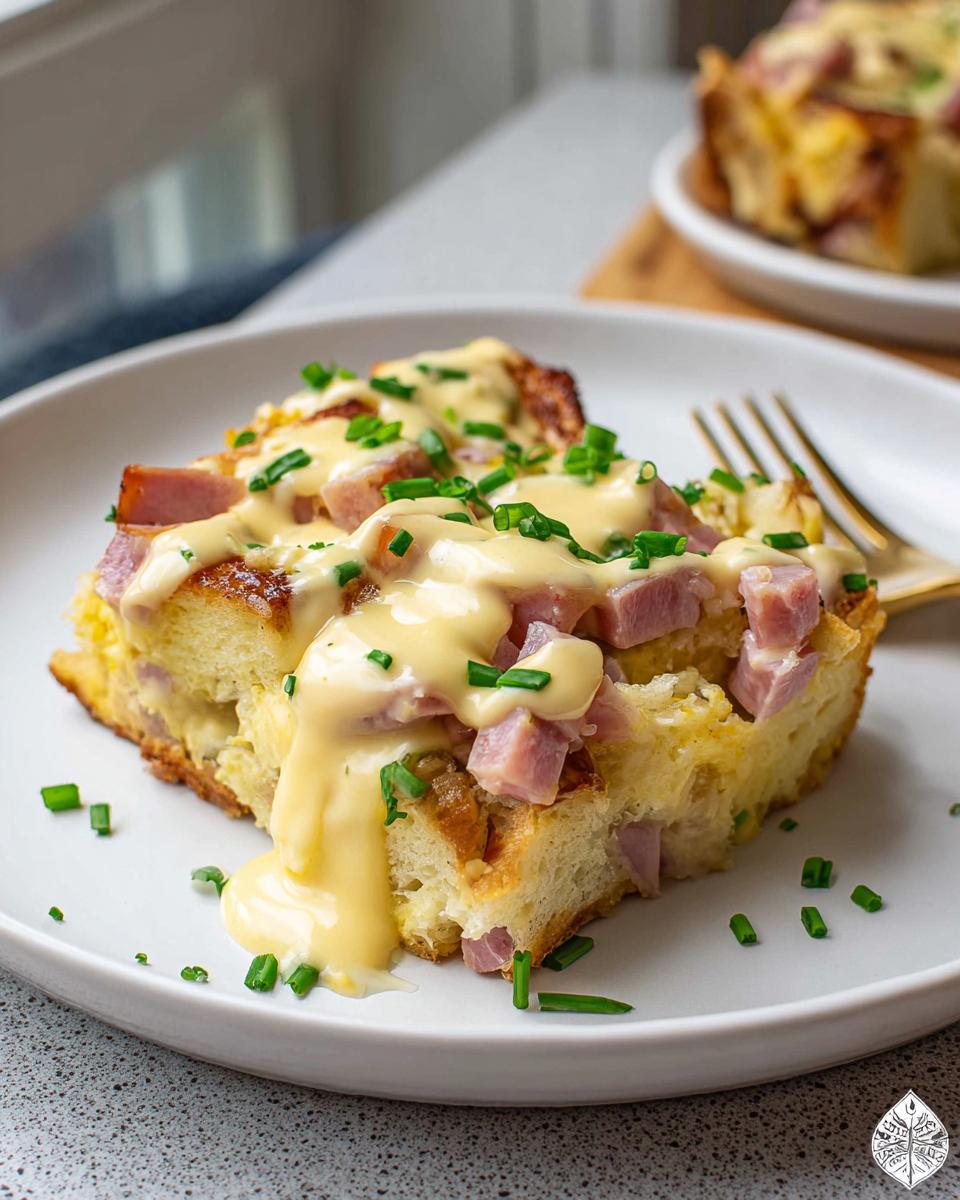 A delicious slice of Easy Eggs Benedict Casserole topped with hollandaise sauce and chives.