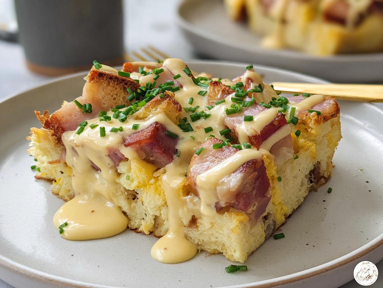 A delicious slice of Easy Eggs Benedict Casserole topped with ham, hollandaise sauce, and chives.