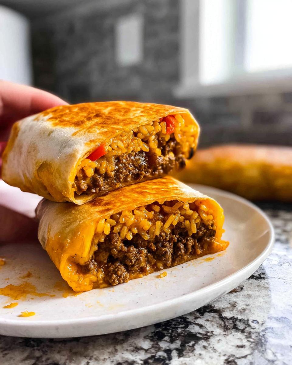 Close-up of a cut-open Easy Grilled Cheese Burrito Copycat Recipe, showing seasoned ground beef and rice filling.