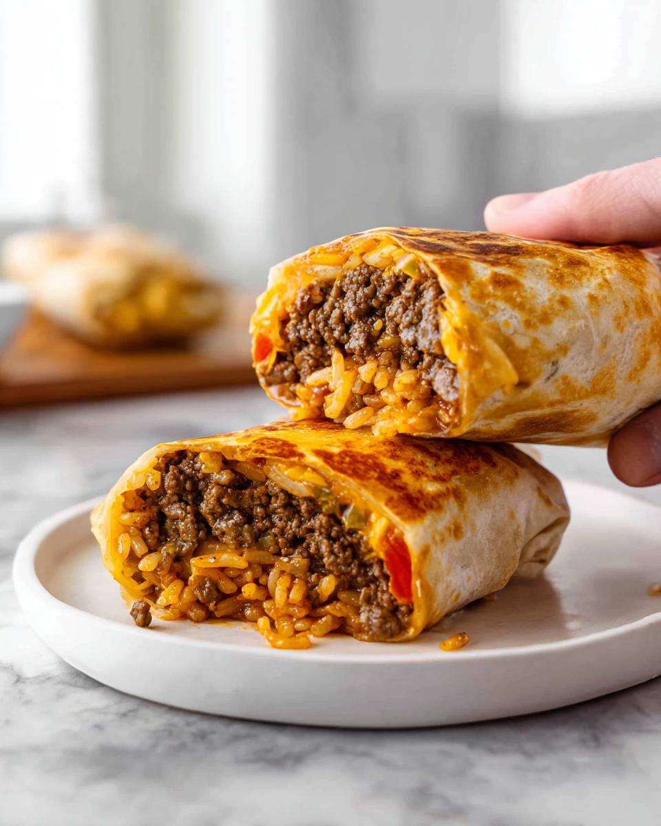 A close-up of an Easy Grilled Cheese Burrito Copycat Recipe cut in half, revealing seasoned ground beef and rice filling.