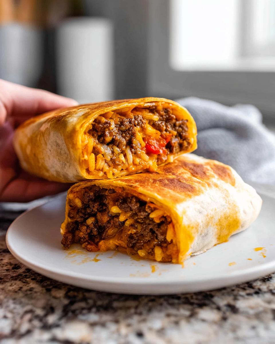 A halved Easy Grilled Cheese Burrito Copycat Recipe showing seasoned ground beef, rice, and melted cheese inside a golden-brown tortilla.