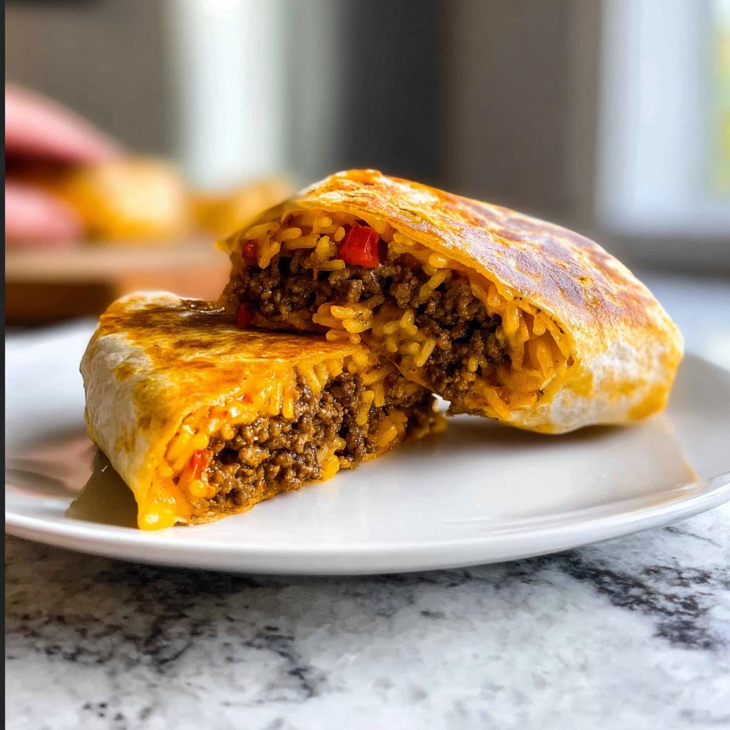 A close-up of an Easy Grilled Cheese Burrito Copycat Recipe cut in half, showing seasoned ground beef and rice filling with melted cheese.