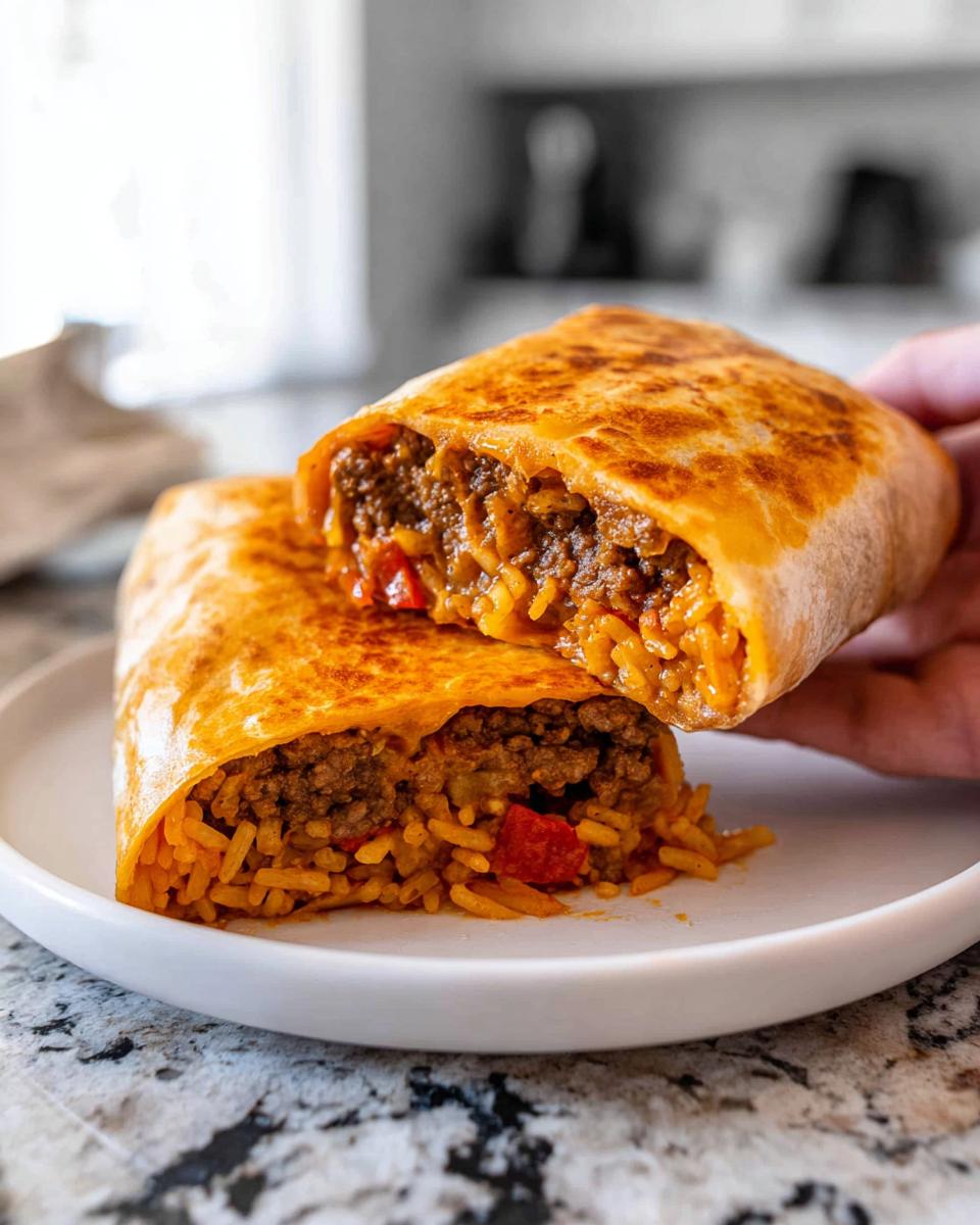 A halved Easy Grilled Cheese Burrito Copycat Recipe filled with seasoned ground beef and rice on a white plate.