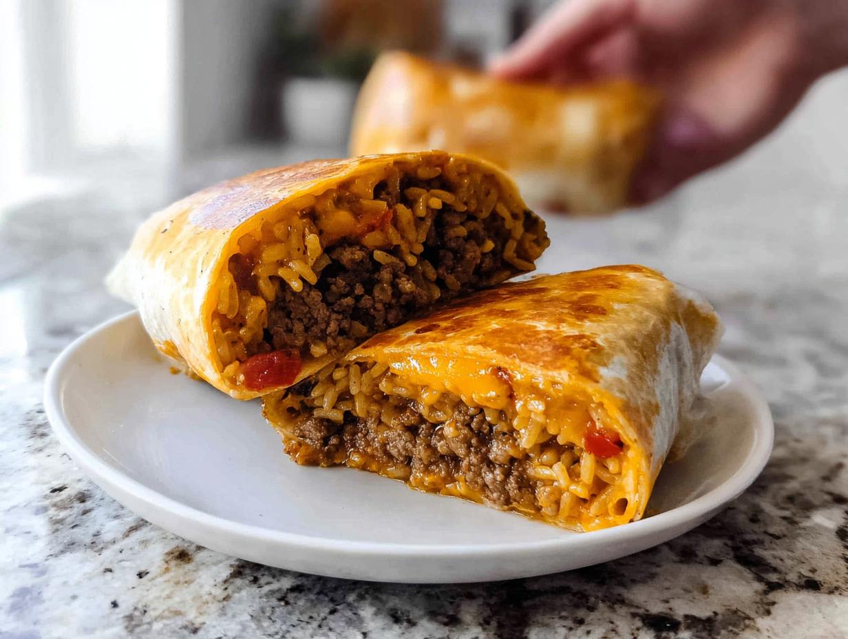 A halved Easy Grilled Cheese Burrito Copycat Recipe filled with seasoned ground beef, rice, and melted cheese.