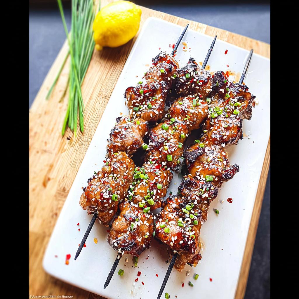 Close-up of delicious Easy Japanese Chicken Yakitori Skewers, glazed and sprinkled with sesame seeds and green onions.